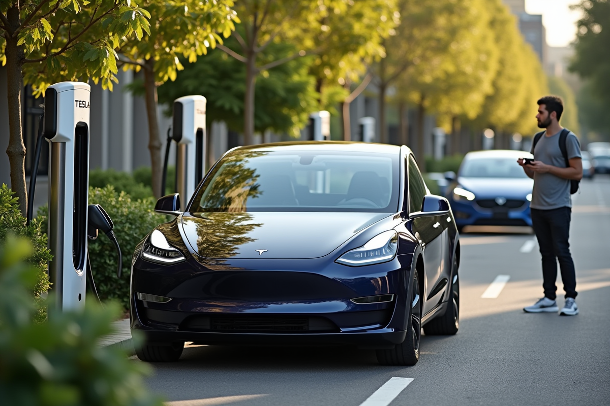 Tesla en charge dans une station urbaine avec jeune professionnel