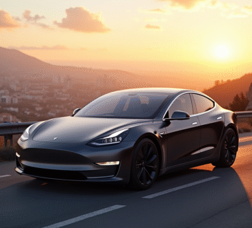 Tesla moderne sur route de montagne au lever du soleil