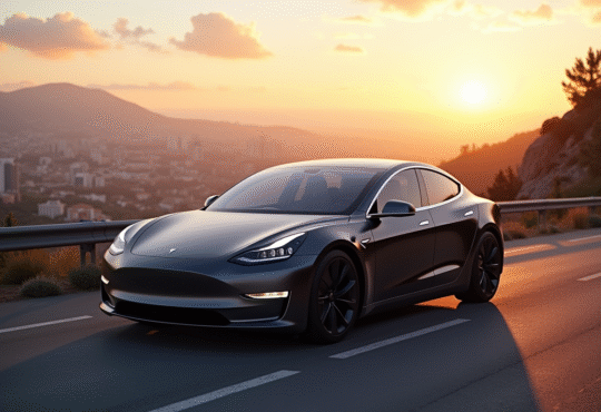 Tesla moderne sur route de montagne au lever du soleil