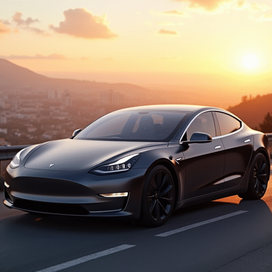 Tesla moderne sur route de montagne au lever du soleil