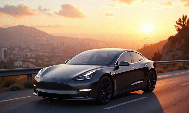 Tesla moderne sur route de montagne au lever du soleil