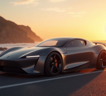 Tesla Roadster vintage sur une route côtière au lever du soleil