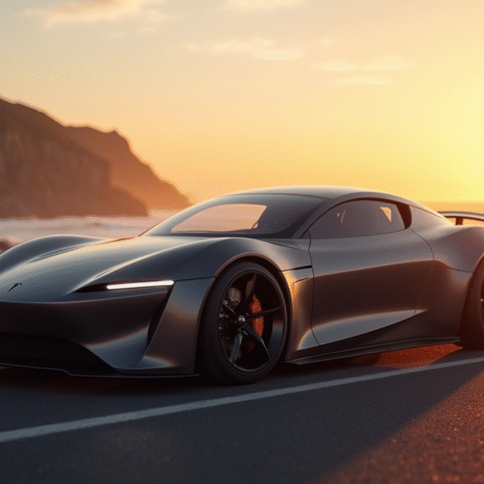 Tesla Roadster vintage sur une route côtière au lever du soleil