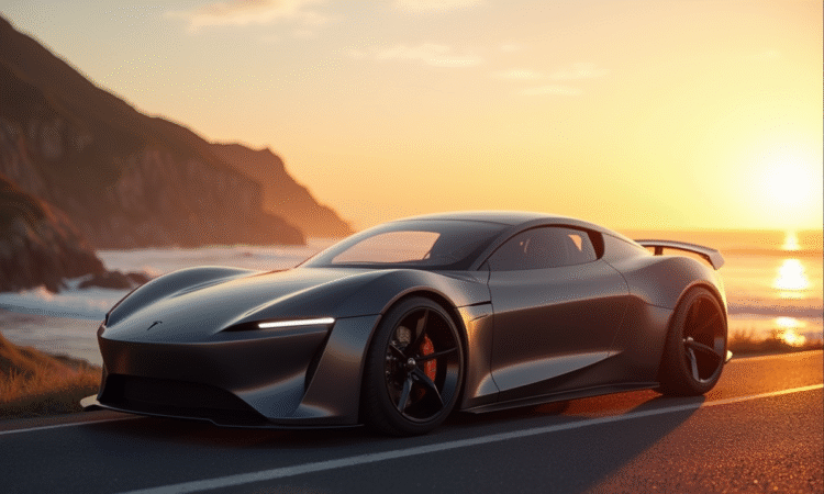 Tesla Roadster vintage sur une route côtière au lever du soleil