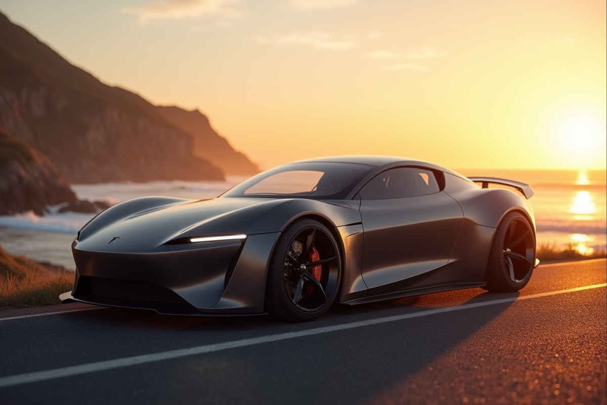 Tesla Roadster vintage sur une route côtière au lever du soleil