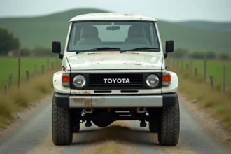 Toyota Land Cruiser 100 HDJ blanc d'occasion garé sur chemin de terre, vue 3/4 avant