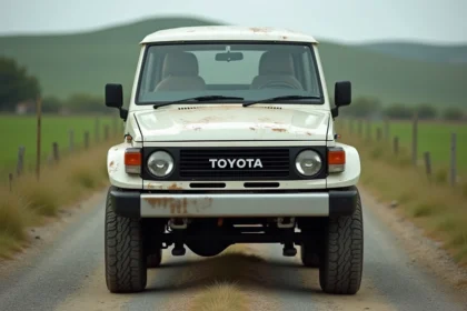Toyota Land Cruiser 100 HDJ blanc d'occasion garé sur chemin de terre, vue 3/4 avant