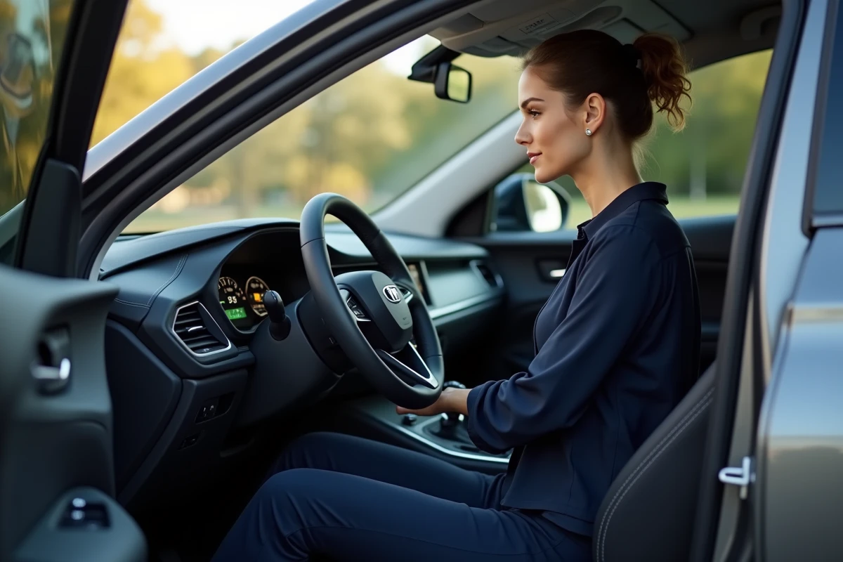 Femme au volant d'une voiture hybride consultant l'écran de consommation, expérience utilisateur réelle du système e-DCS6