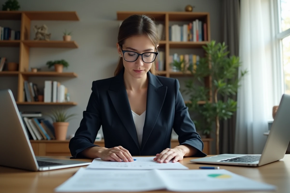 Femme consultant un certificat d'immatriculation à son bureau, analysant les risques d'amende majorée liée au système d'immatriculation des véhicules SIV
