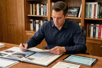 Propriétaire de voiture historique examinant des documents d'historique du véhicule pour prouver un passé clair à un acheteur