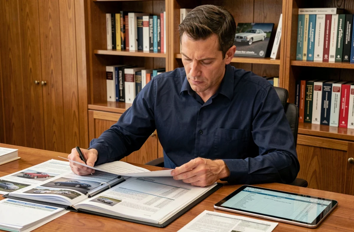 Propriétaire de voiture historique examinant des documents d'historique du véhicule pour prouver un passé clair à un acheteur