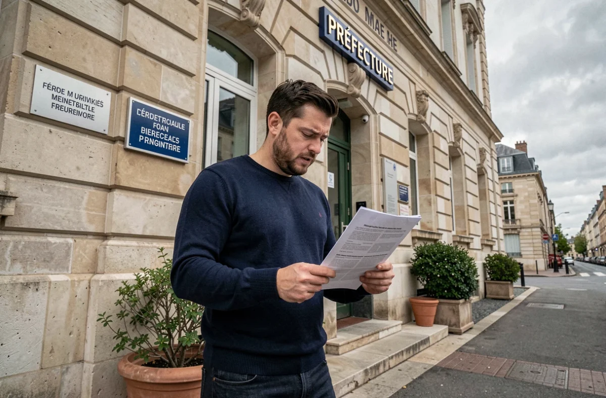 Homme consultant son dossier de permis de conduire devant une préfecture française