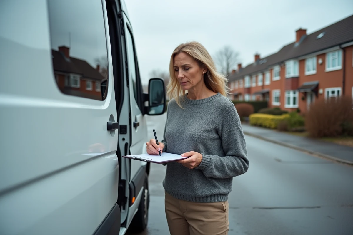 Femme examinant les joints et l'état extérieur d'un fourgon aménagé d'occasion avec une liste de vérification, parking résidentiel