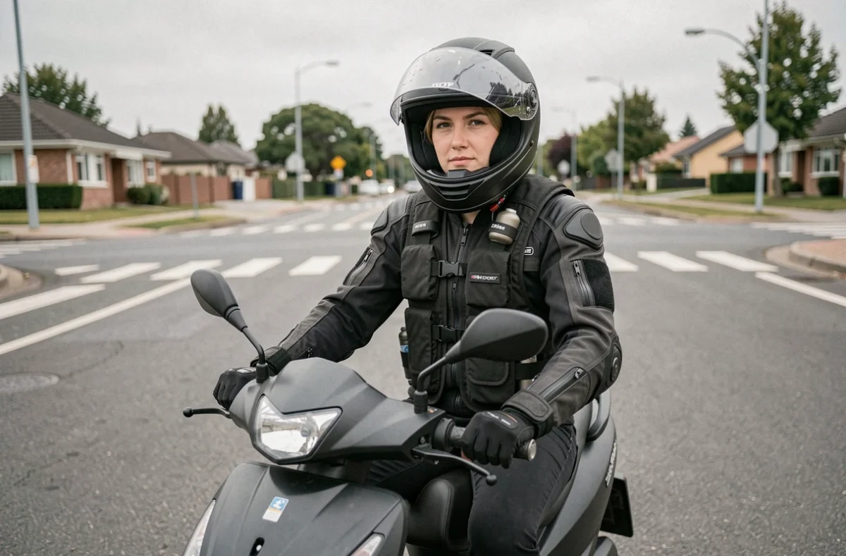 Femme motarde avec veste airbag connectée sur scooter 125 à une intersection urbaine