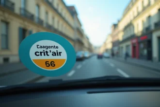 Vignette Crit'Air collée sur le pare-brise d'une voiture dans une rue de Rennes