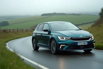 Voiture compacte en virage sur route de campagne illustrant la comparaison de performances entre 81 kW et 110 CV