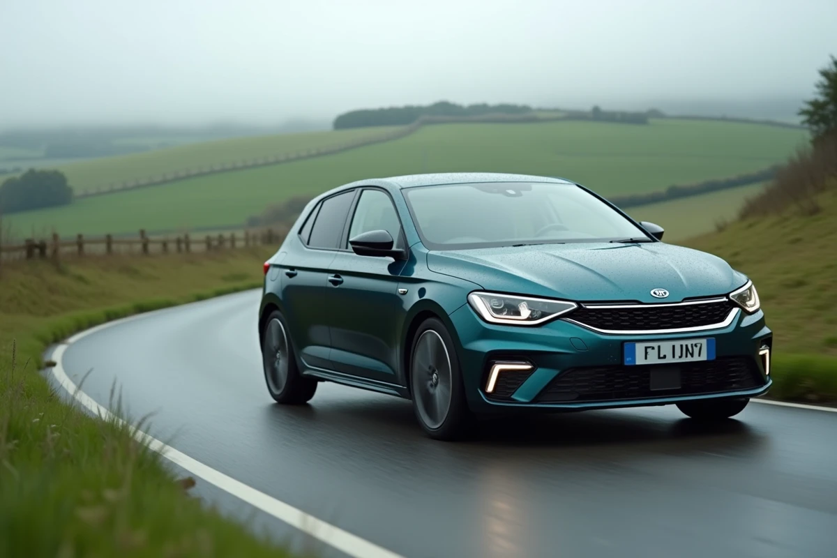 Voiture compacte en virage sur route de campagne illustrant la comparaison de performances entre 81 kW et 110 CV