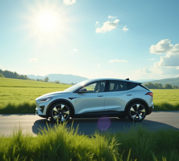 Voiture électrique moderne sur route de campagne ensoleillée