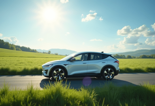 Voiture électrique moderne sur route de campagne ensoleillée