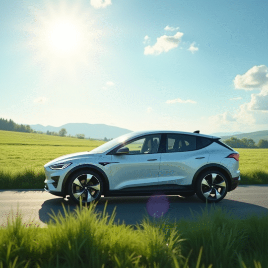 Voiture électrique moderne sur route de campagne ensoleillée