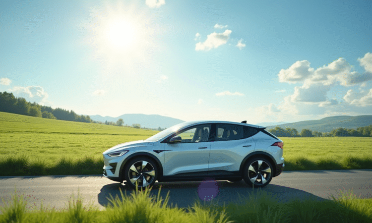 Voiture électrique moderne sur route de campagne ensoleillée