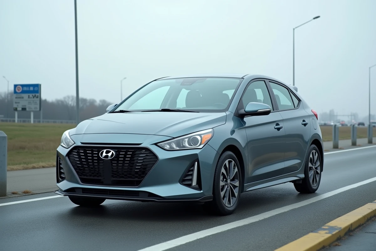 Voiture hybride compacte stationnée dans une aire d'autoroute, vue trois-quarts avant mettant en valeur le design extérieur du modèle 136 e-DCS6