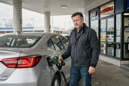 Homme faisant le plein d'une voiture hybride à une station-service, illustrant la dépendance résiduelle à l'essence des véhicules hybrides non rechargeables