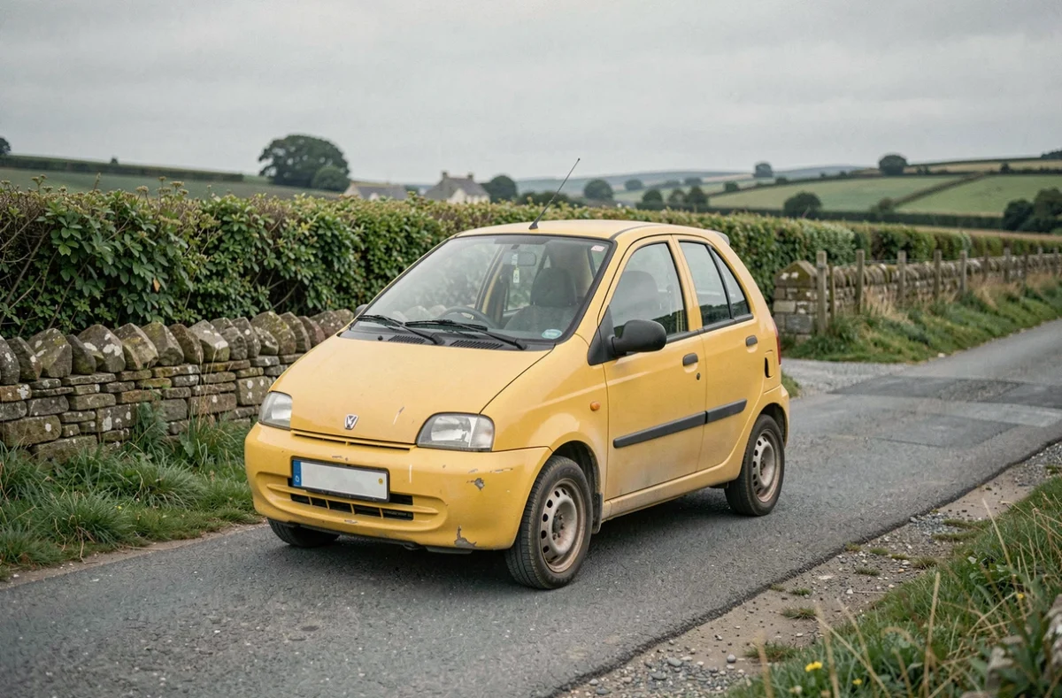 Petite voiture sans permis jaune d'occasion sur une route de campagne bretonne dans le Finistère