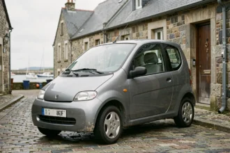 Voiture sans permis d'occasion grise garée dans une rue pavée du Finistère avec façades en pierre bretonne