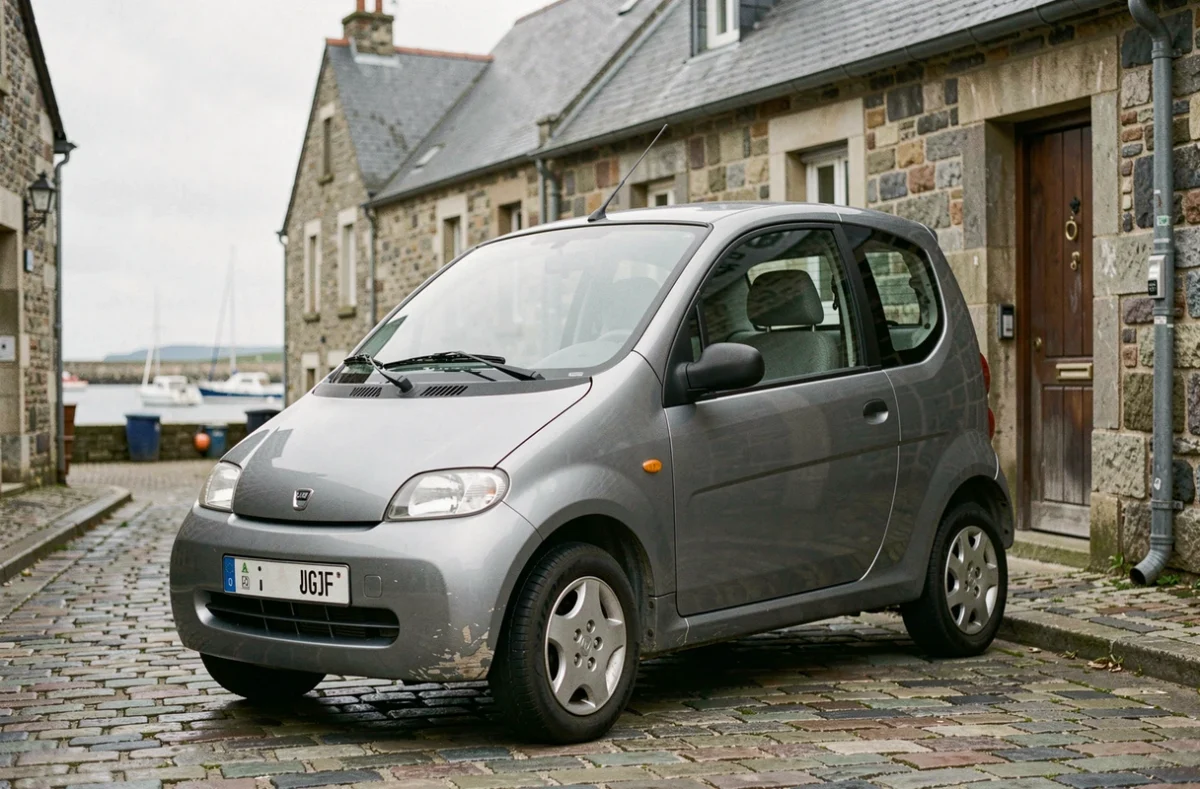 Voiture sans permis d'occasion grise garée dans une rue pavée du Finistère avec façades en pierre bretonne