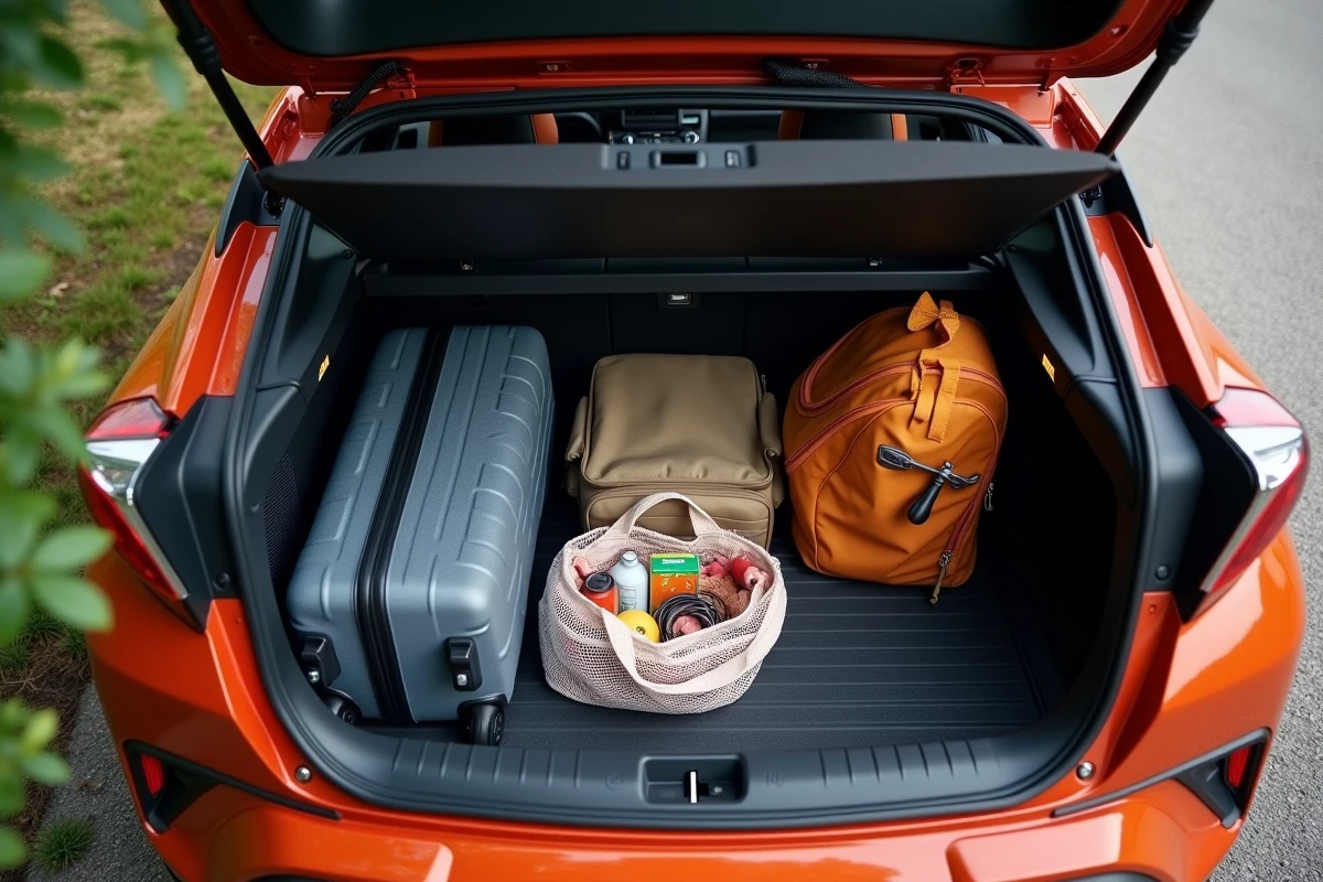 Vue aérienne du coffre organisé d'une Toyota C-HR avec valises, sac de voyage et accessoires pour road trip