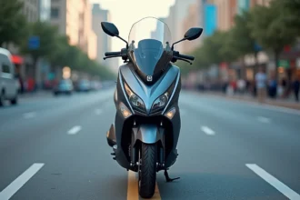 Yamaha XMAX 125 garé en ville sur un boulevard urbain, vue 3/4 avant mettant en valeur son carénage aérodynamique