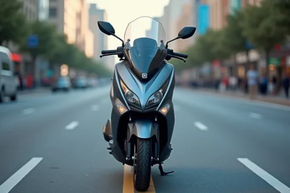 Yamaha XMAX 125 garé en ville sur un boulevard urbain, vue 3/4 avant mettant en valeur son carénage aérodynamique